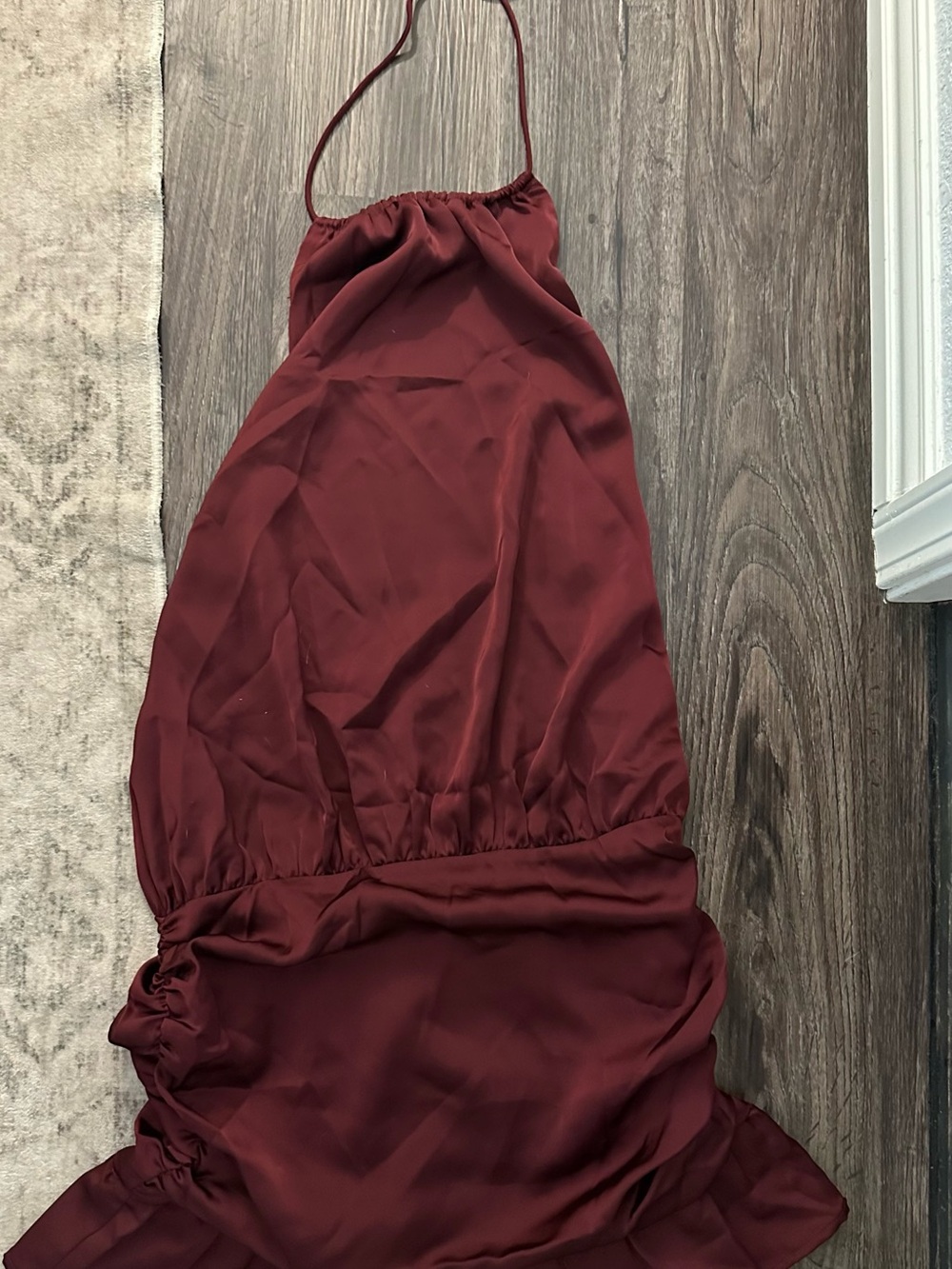 White Fox Boutique “No Second Thoughts Halter Mini Dress” in Burgundy